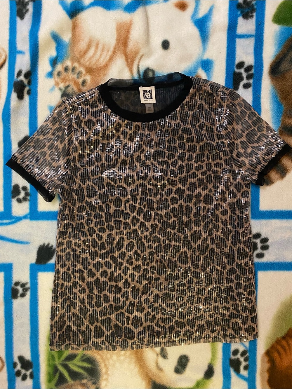 Anne Klein Leopard Sequin Short-Sleeve Top in Brown and Black